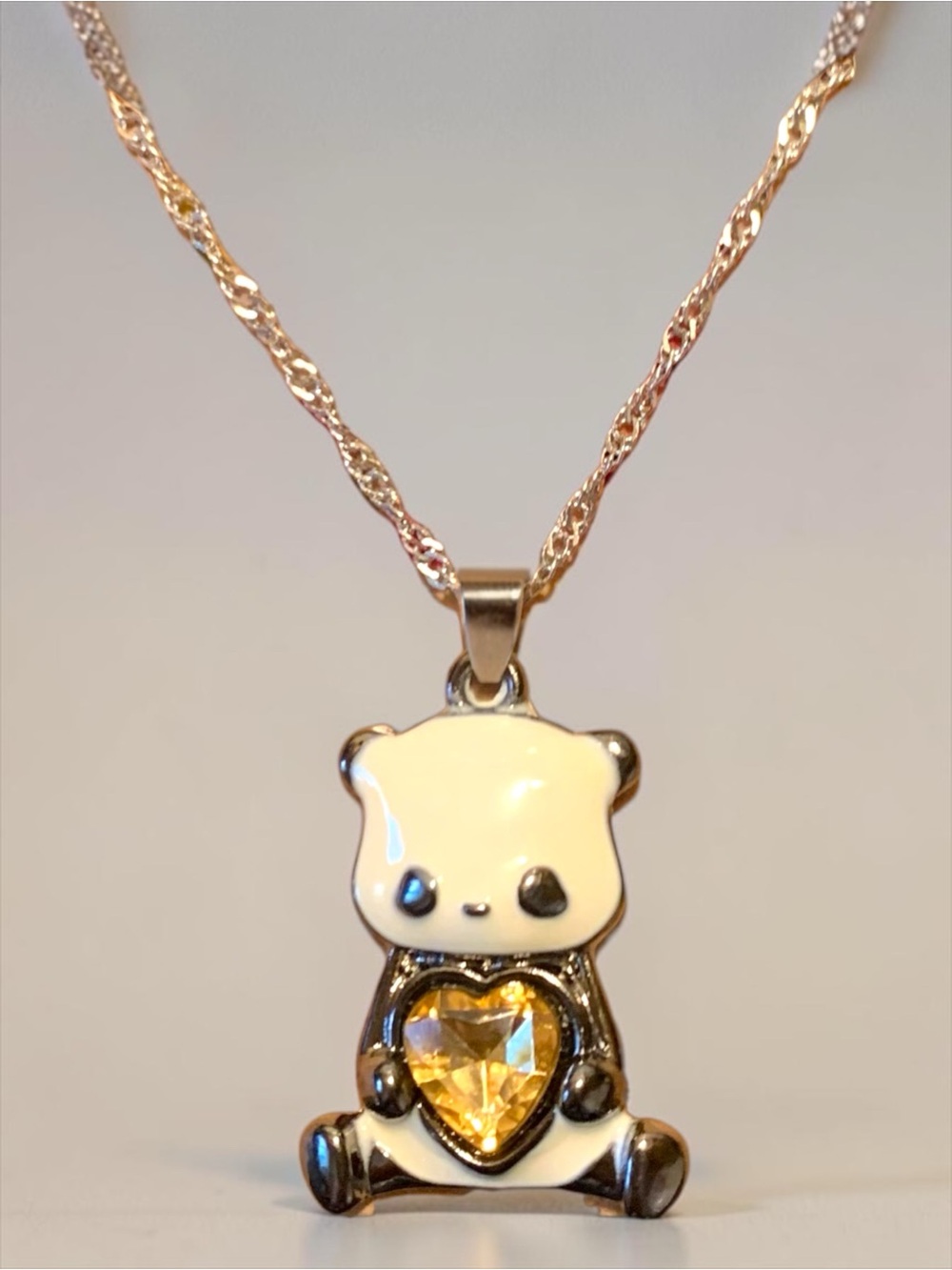 Cream Enamel Panda Pendant Necklace with Gold Heart Crystal - Picture 3 of 3
